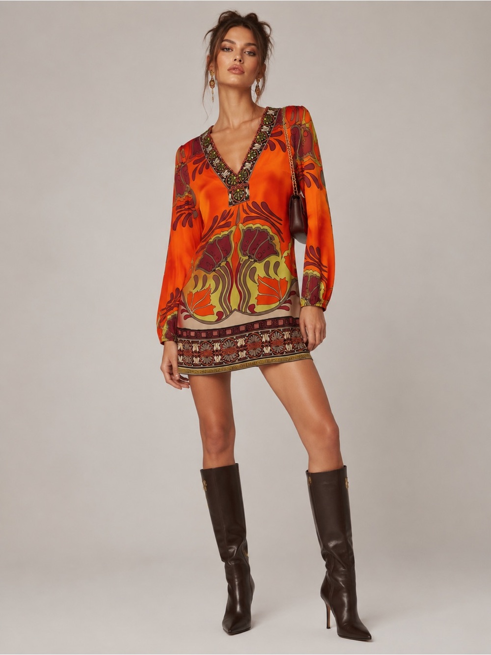 Hale Bob 100% Silk Embroidered Pattern Long Sleeve Dress